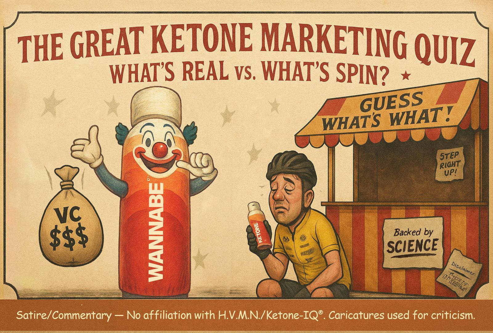 Satirical illustration for The Great Ketone Marketing Quiz: real science vs marketing spin