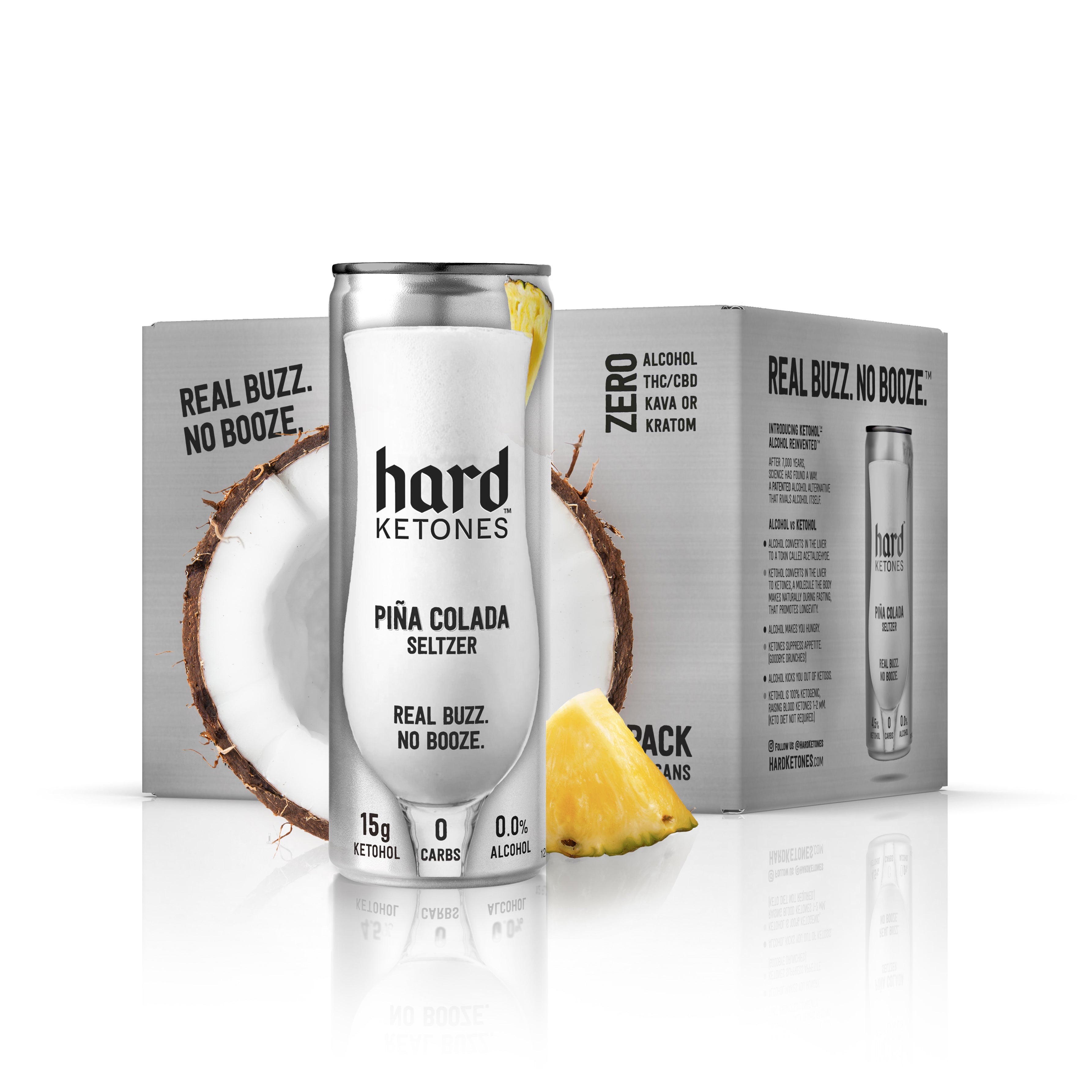 Pina Colada seltzer with coconut and pineapple elements on a white background