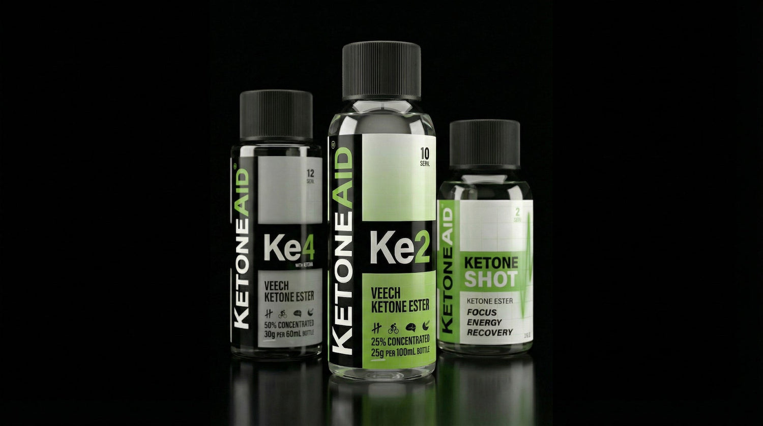 KetoneAid product lineup: Ke4, Ke2, and Ketone Shot Veech Ketone Ester