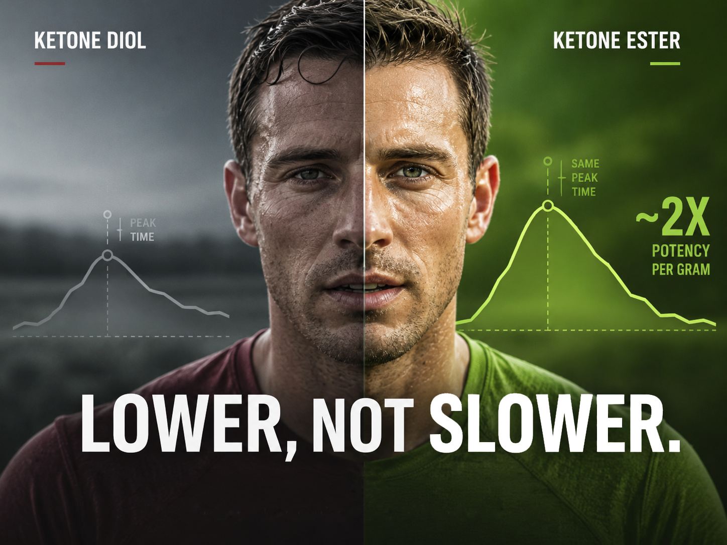 Split-face comparison of ketone diol vs ketone ester blood-level curves, showing ketone ester's ~2x potency per gram