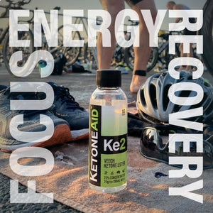 KetoneAid Ke2 Veech Ketone Ester at a triathlon transition area: focus, energy, recovery